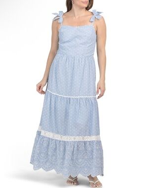 New! Shabby Chic Powder Blue Tie-Shoulder Eyelet Maxi Dress